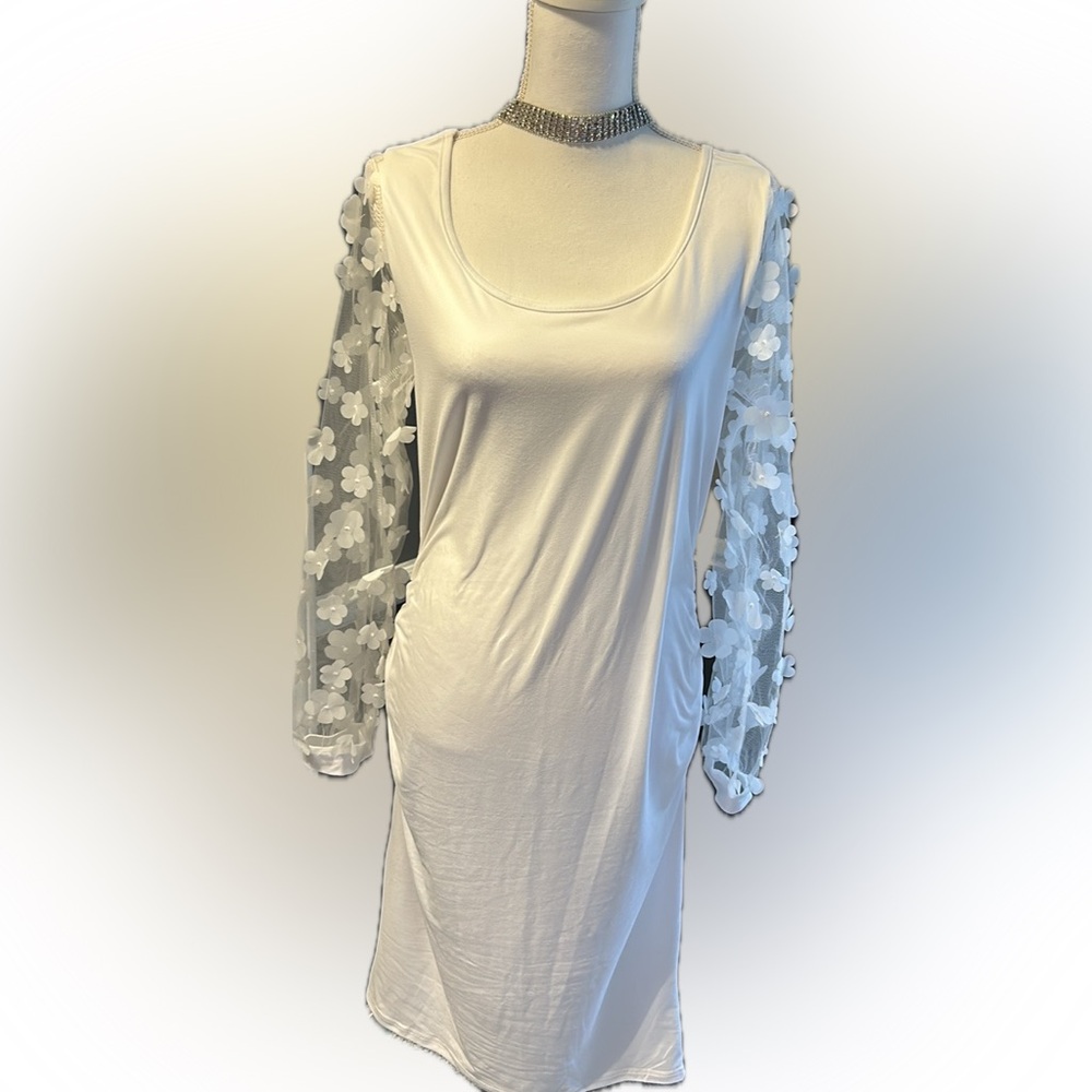 Elegant White Dress with Floral Sleeves